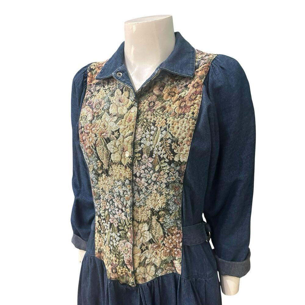 Vintage 80s Denim Prairie Dress Tapestry Floral Corset Midi Puffed Sleeve S 7 - - Picture 2 of 8